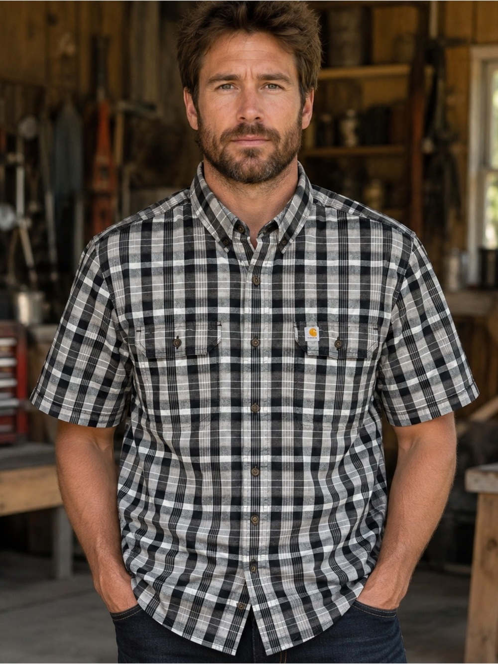 Carhartt Men's XL Fort Plaid Short Sleeve Button Down Relaxed Work Shirt #103006